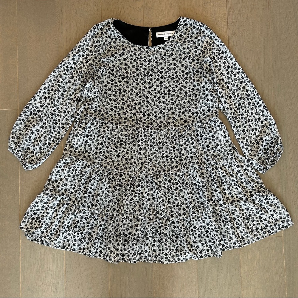 Emma & Michele Black & White Floral Long Sleeve Tiered Dress